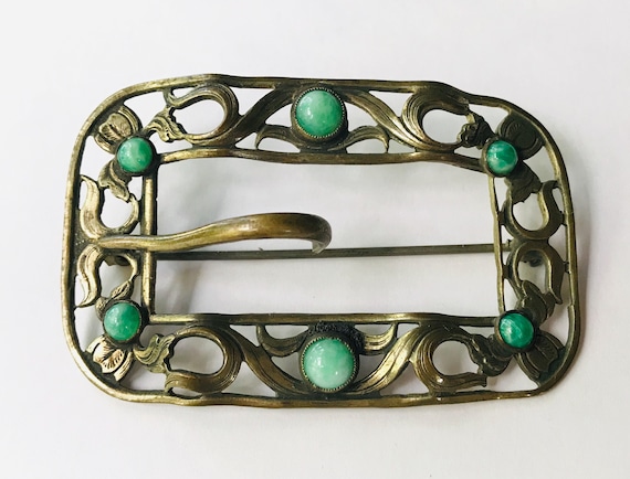 Art Nouveau Sash Buckle Brooch - Brass with Green… - image 1