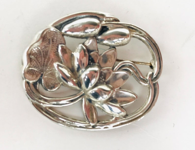1950s Nouveau Revival Sterling Silver Water Lily Pin by Jewelart