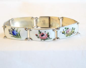 Finn Jensen Sterling Silver Guilloche Enamel Floral Panel Bracelet