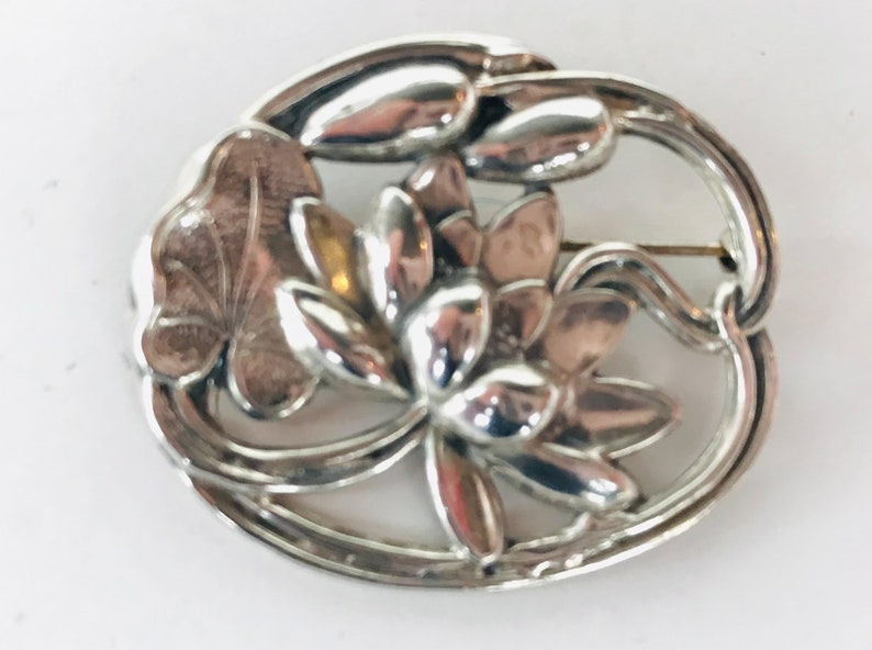 1950s Nouveau Revival Sterling Silver Water Lily Pin by Jewelart