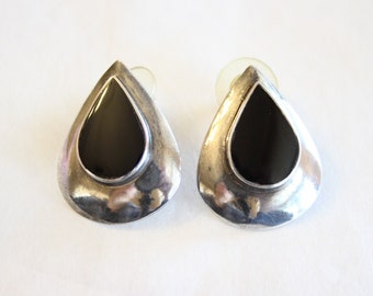 1980s Sterling Silver Earrings with Black Inlay - Teardrop Shape