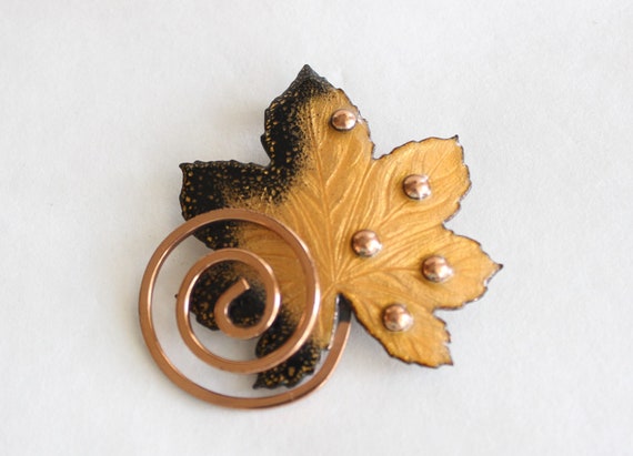 Copper Enamel Leaf Pin by Renoir Mattisse - image 1