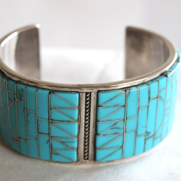 Signed RA Manuelito Sterling Silver Turquoise Inlay Cuff Bracelet