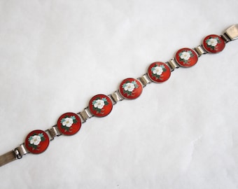 1930s Sterling Silver Red Enamel Bracelet with White Flower Pattern