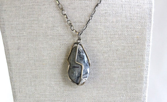 1950s Long Sterling Silver & Agate Pendant Neckla… - image 2