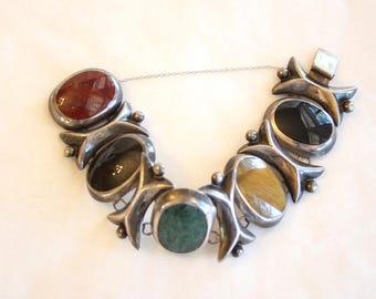 1940s Sterling Silver Hardstone Bracelet Made in Mexico AS IS