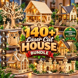 Puede incluir: Una colección digital de más de 140 diseños de casas cortadas con láser que presenta estructuras de madera en miniatura, incluyendo casas, un castillo y un árbol con un búho. El paquete incluye formatos SVG, DXF, EPS, CDR, AI y PDF.