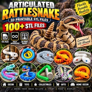 May include: A digital graphic featuring a large, brown and tan articulated rattlesnake model with an open mouth and fangs. The image includes text such as ARTICULATED RATTLESNAKE, 100+ STL FILES, and various circular thumbnails showing snakes in different colours.