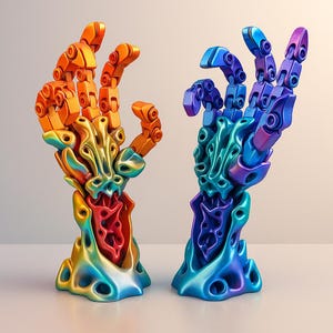 Pode incluir: Duas esculturas abstratas de mãos. Uma é laranja e amarela, a outra azul e roxa. As mãos são feitas de peças mecânicas interligadas e têm um design futurista. As bases são orgânicas e coloridas.