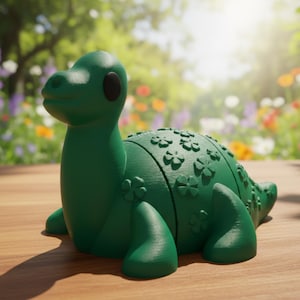 May include: A dark green dinosaur figurine with a smooth, rounded head, a long neck, and a textured body featuring embossed four-leaf clover patterns. The creature has solid black circular eyes and a segmented back design, standing in a fixed position.