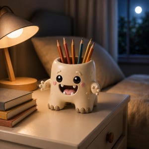 May include: A beige, monster-shaped pencil holder with a wide, smiling mouth, large black eyes, and small pink cheeks. The creature has four short legs and two arms reaching outward, holding several colored pencils inside its hollow top opening.