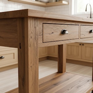 Îlot de cuisine rustique avec 2 tiroirs - Bois de châtaignier récupéré - Îlot fait main de style campagnard avec rangement