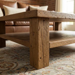 Peut inclure: Une table basse en bois rustique avec une étagère inférieure. La table a une finition en bois naturel et présente un aspect vieilli avec des nœuds et des grains visibles. La table est en bois massif et a une construction robuste.