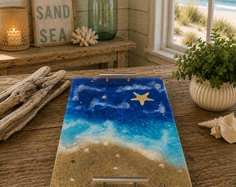 Beach Charcuterie Board with Handles | Ocean Serving Tray | Coastal Cheese Board | Beach Decor | Resin Serving Board | One of a Kind Gift