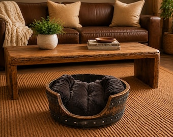 Rustic Whiskey Barrel Small Pet Bed | Handcrafted Wooden Furniture | Farmhouse Home Décor | Unique Wood Pet Bed