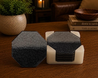 Handmade Resin Coaster Set with Holder | Set of 5 Black & Silver Crackle Coasters | Modern Home Decor | Housewarming Gift | Drink Coasters