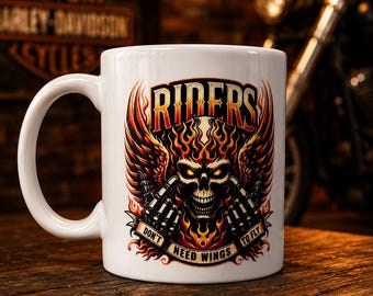 15oz Riders Mug – Don't Need Wings to Fly | Biker Coffee Mug | Skull Flames Mug | Motorcycle Lover Gift | Rider Coffee Cup