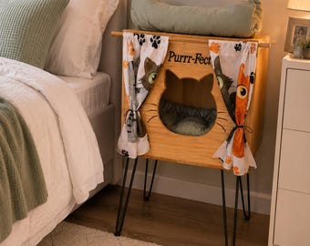 Elevated Wooden Cat Bed | Cat Condo with Curtains | Cat House with Top Lounger | Cat Furniture | Modern Cat Bed | Indoor Cat Hideaway