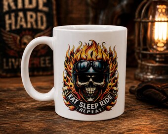 15oz Riders Mug – Eat, Sleep, Ride, Repeat, Skull and Flames | Biker Coffee Mug | Motorcycle Lover Gift | Rider Coffee Cup