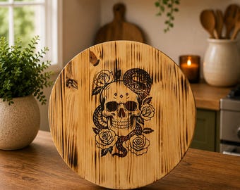 Skull & Snake Wooden Serving Tray | Gothic Charcuterie Board | Burned Wood Kitchen Decor | Dark Cottagecore Decor | Halloween Serving Board