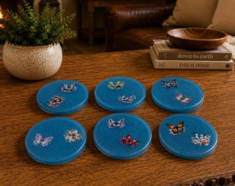 Butterfly Resin Coasters Set of 6 | Floral Drink Coasters | Cottagecore Home Decor | Nature Lover Gift