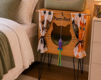 Elevated Wooden Cat Bed | Cat Condo with Curtains | Cat House with Top Lounger | Cat Furniture | Modern Cat Bed | Indoor Cat Hideaway