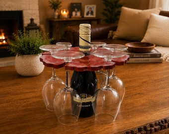 Wine Bottle & 6 Glass Holder | Handmade Wine Caddy | Entertaining Wine Butler | Hostess Gift | Wine Lover Gift | Party Serving Accessory