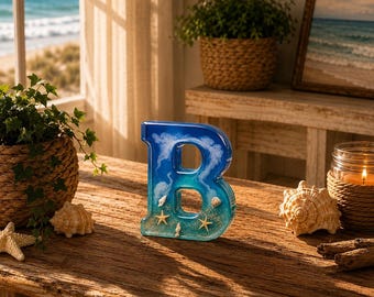 Personalized Coastal Resin Letter Decor | Ocean Wave Monogram | Beach House Shelf Decor | Nautical Initial | Handmade Resin Letter Sign