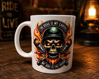 Biker Skull Coffee Mug 11oz | The Road Is My Canvas My Bike Is The Brush Mug | Motorcycle Rider Gift | Skull Coffee Cup | Biker Dad Gift