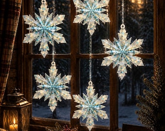 Resin Snowflake Ornament Set | Glitter Snowflake Christmas Decor | Winter Window Hanging Ornament | Holiday Decoration | Cabin Decor