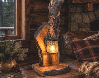 Live Cherry Edge Wood Table Lamp with Vintage Amber Crackle Glass Shade | Rustic Cabin Lighting | Lodge Decor | Unique Wood Lamp