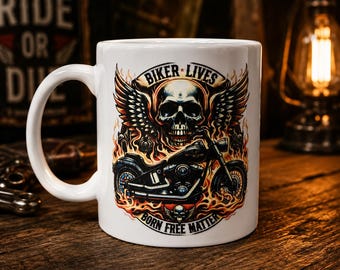 Biker Lives Matter Mug 11oz | Skull Motorcycle Mug | Born Free Biker Gift | Motorcycle Rider Coffee Cup | Harley Inspired Gift for Him