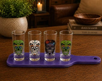 Day of the Dead Shot Glass Set with Resin Holder | Sugar Skull Tequila Glasses | Skull Shooter Set | Halloween Bar Decor | Gothic Gift