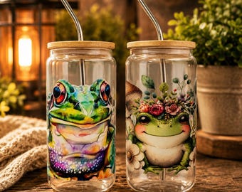 16oz Frog Glass Cup with Bamboo Lid & Glass Straw | Cute Frog Iced Coffee Cup | Nature Lover Tumbler | Frog Lover Gift | Libbey Style Glass
