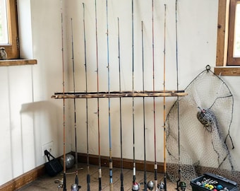 Rustic Wooden Fishing Rod Holder | Burnt Wood Fishing Pole Rack | Wall Mount or Floor Display Organizer | Cabin, Garage & Man Cave Storage