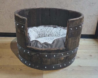 Reclaimed Whiskey Barrel Pet Bed – Rustic Dog/Cat Den, USA Made