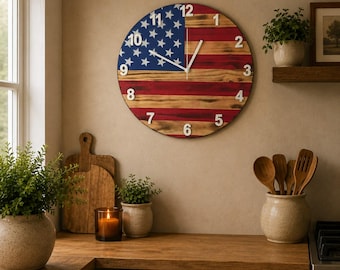 American Flag Wall Clock| Patriotic Home Décor | Rustic Home Accent |  Stars & Stripes Decor | Handmade | Wood Decor | Americana Decor