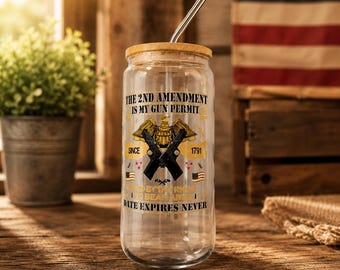 2nd Amendment Is My Gun Permit Glass Can Cup | Patriotic Tumbler with Bamboo Lid| Second Amendment Gift | Conservative Iced Coffee Glass