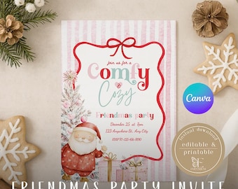 Pode incluir: Modelo digital e editável de convite para uma festa de Natal entre amigos. O design apresenta uma ilustração do Pai Natal, uma árvore de Natal e as palavras "Comfy & Cozy". O convite tem 12,7 x 17,8 cm.