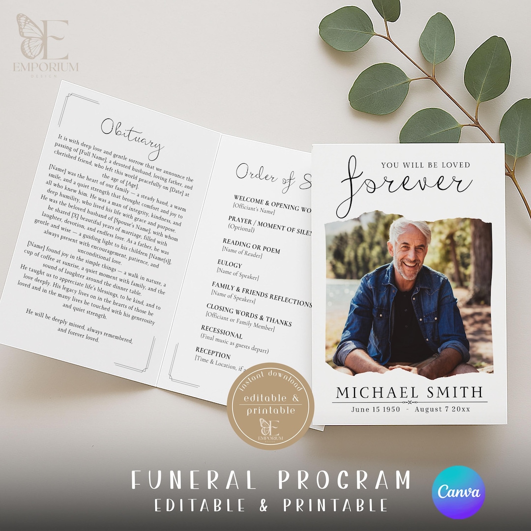 Funeral Foldable Program A4 Template Minimalist Funeral Program Foldable Card Template, Printable Obituary ...
