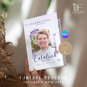 Szablon programu pogrzebowego Purple Flowers do wydrukowania, nekrolog, porządek nabożeństwa, edytowalny, składany, celebracja życia, karta nabożeństwa żałobnego