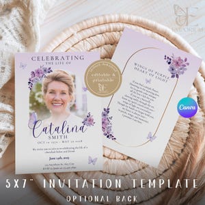 Modèle d'invitation funéraire fleur mauve Faire-part funéraire imprimable Faire-part de fête de la vie modifiable Carte numérique commémorative imprimable