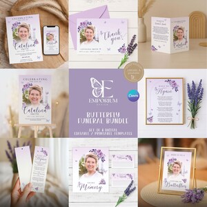 May include: A collection of digital funeral templates with a butterfly theme. The designs feature a portrait of a woman, lavender floral accents, and butterfly illustrations. The text includes "Celebrating the Life of Catalina Smith", "Thank You", and "Share Memory".