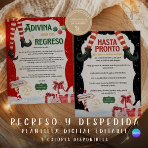 May include: Two Christmas-themed printable cards with red and black backgrounds. One card says "ADIVINA QUIEN ESTÁ REGRESO" and the other says "HASTA PRONTO". Both cards feature elf legs and gift illustrations. The bottom text reads "REGRESO Y DESPEDIDA PLANTILLA DIGITAL EDITABLE".