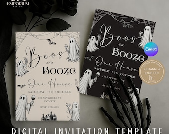 May include: Halloween-themed invitation template with the text "Boos and Booze Our House". The design features ghost illustrations, bats, and spiderwebs. The invitation is available in two versions, editable and printable.