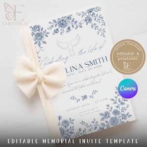 Modello di invito funebre Blue Dove modificabile, modello di invito per celebrazione della vita modificabile, modello di carta commemorativa floreale per funerali