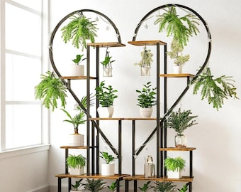 Support pour plante en métal | Étagère pour plantes | Jardinière | Étagère de rangement en forme de coeur en bois et en métal, exposition extérieure, décoration de jardin pour balcon