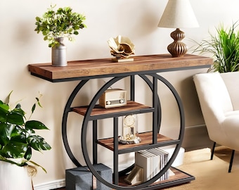 Table console rustique en bois | Support pour plantes | Table d'entrée à 4 niveaux avec rangement | Table de canapé industrielle pour salon, décoration d'entrée.