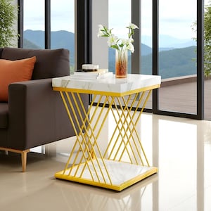 May include: A modern side table with a white marble top and a geometric gold-colored metal base. The table features a square top and bottom with a crisscross design. A vase of white flowers sits on top.