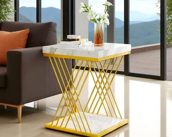 Table d'appoint en imitation marbre, table de chevet à 2 niveaux blanc et doré, décoration d'intérieur moderne